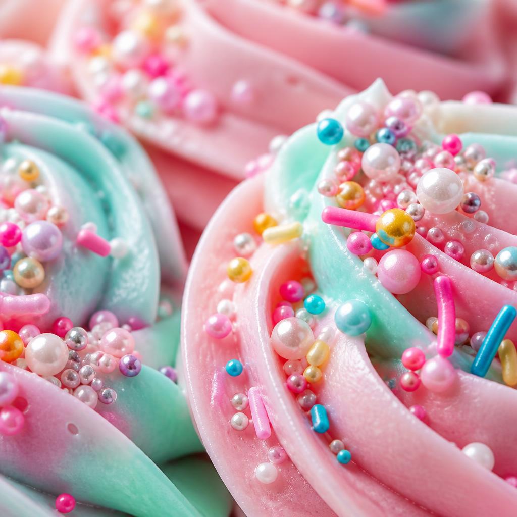 Close-up of pastel buttercream swirls with sprinkles